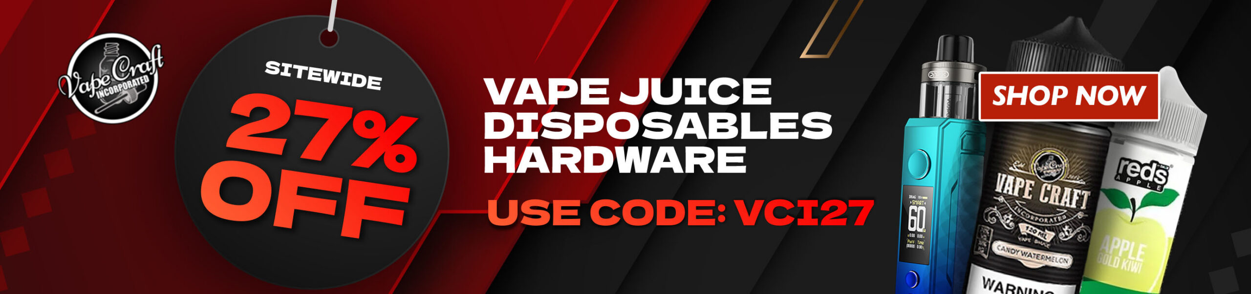 27% off sitewide on vape juice, disposables and hardware with code VCI27