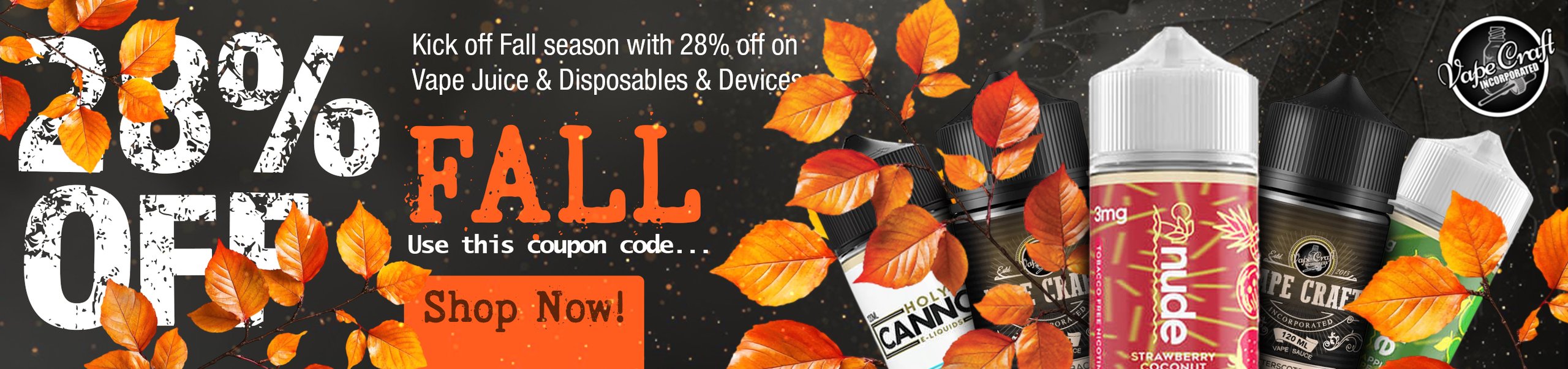 28% off vape juice, new disposables and devices with code FALL28